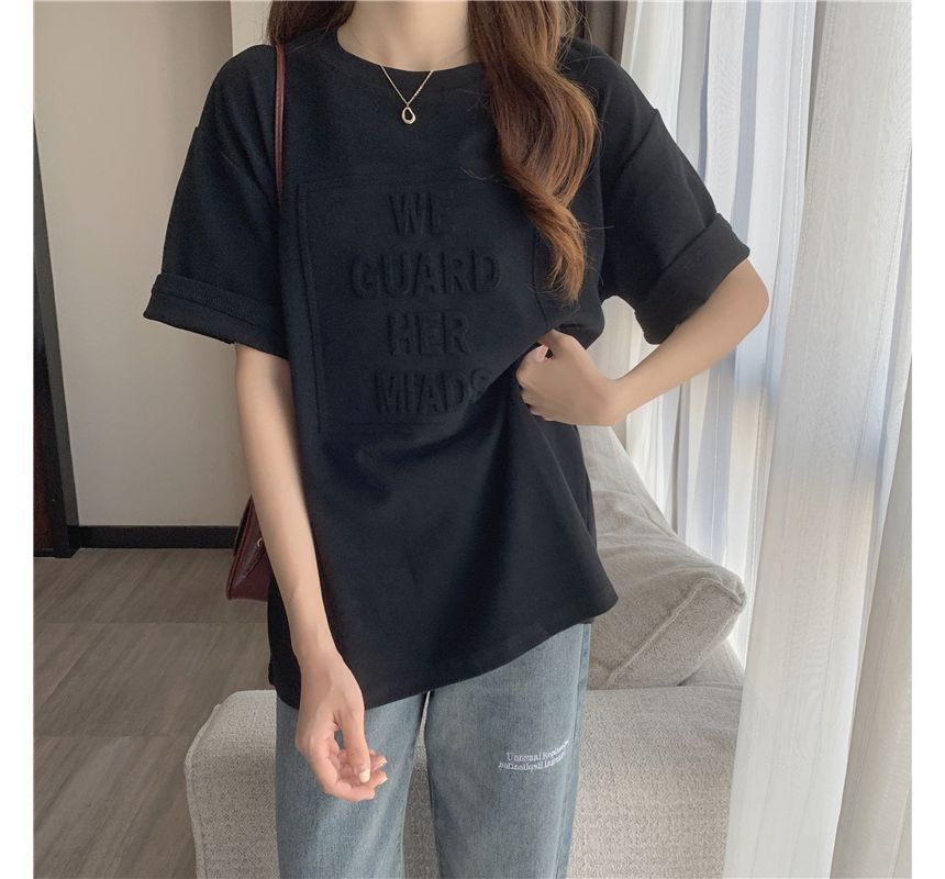 Plain Lettering Crew Elbow-Sleeve Tee Embossed Neck Oversized
