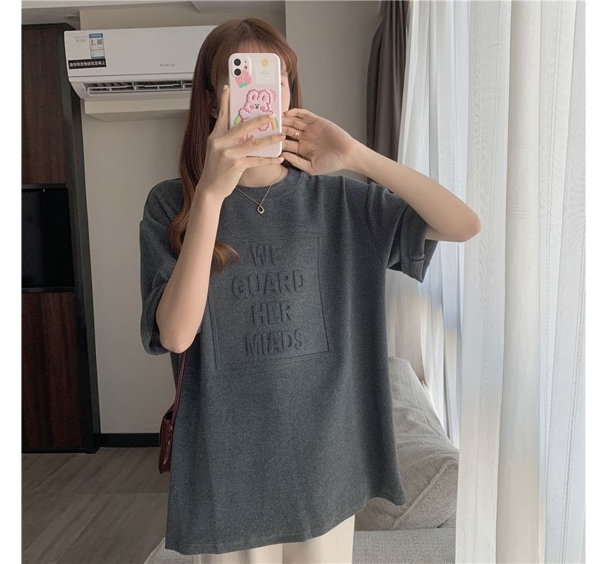 Plain Lettering Crew Elbow-Sleeve Tee Embossed Neck Oversized