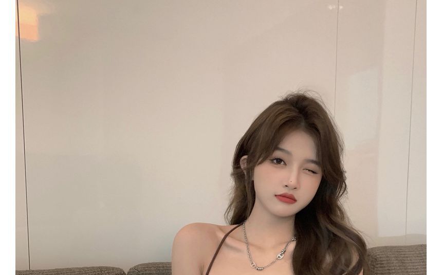 Short-Sleeve Plain Slim-Fit Halter Top