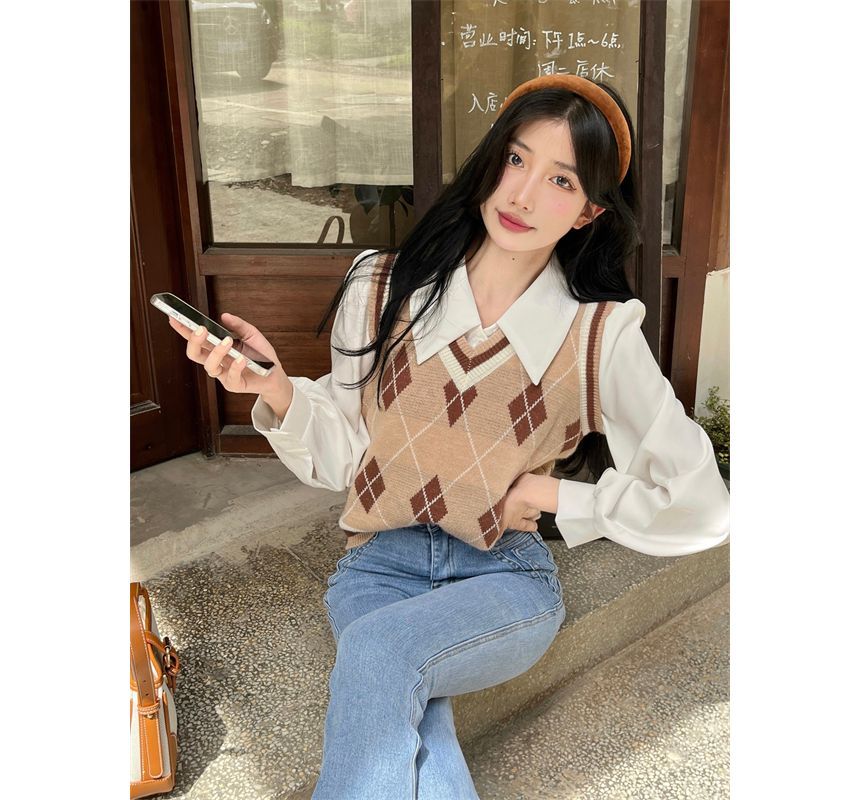 V-Neck Plain / Argyle Shirt Vest Puff-Sleeve Sweater