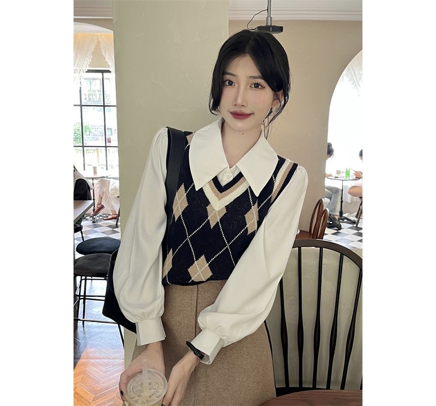 V-Neck Plain / Argyle Shirt Vest Puff-Sleeve Sweater