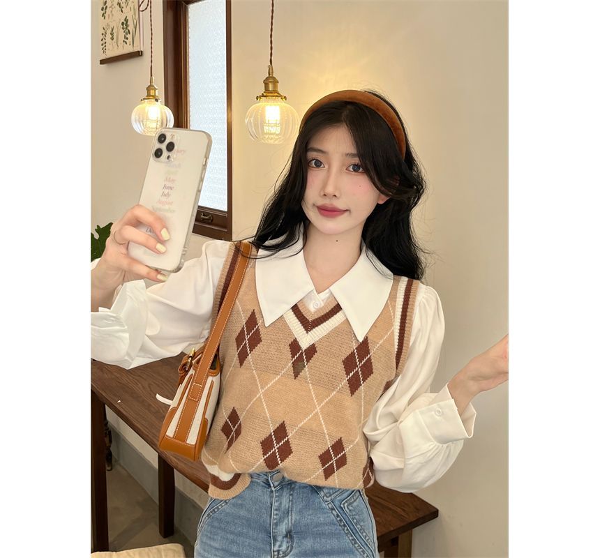 V-Neck Plain / Argyle Shirt Vest Puff-Sleeve Sweater