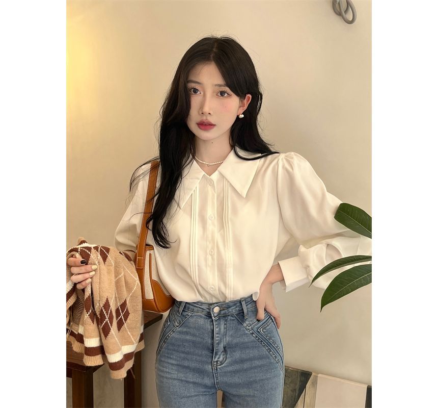 V-Neck Plain / Argyle Shirt Vest Puff-Sleeve Sweater