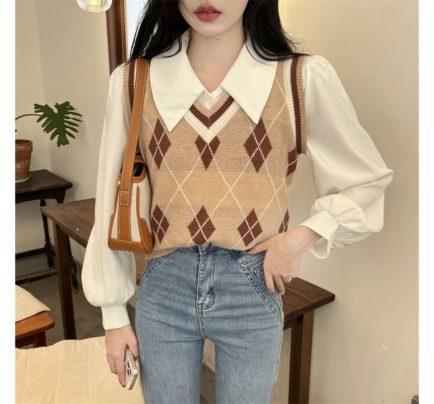 V-Neck Plain / Argyle Shirt Vest Puff-Sleeve Sweater