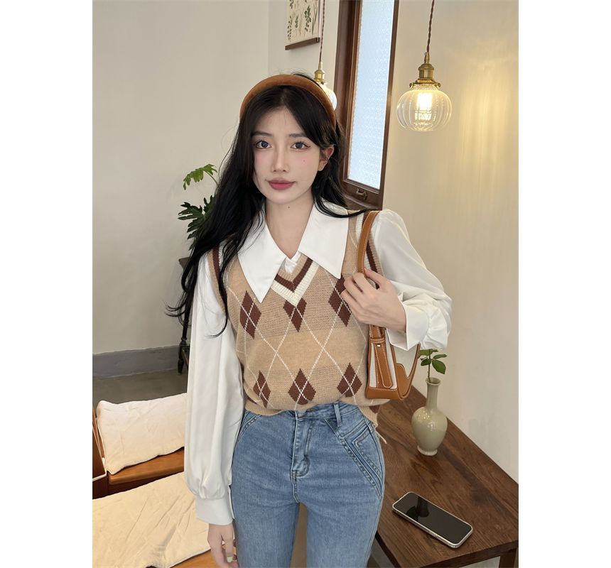 V-Neck Plain / Argyle Shirt Vest Puff-Sleeve Sweater