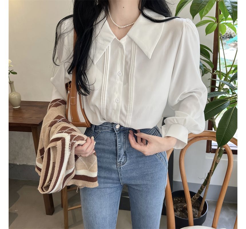 V-Neck Plain / Argyle Shirt Vest Puff-Sleeve Sweater