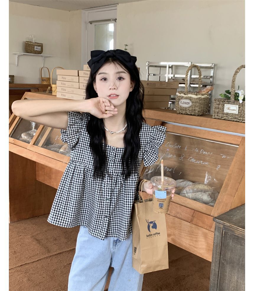 Blouse Gingham Ruffle Sleeveless