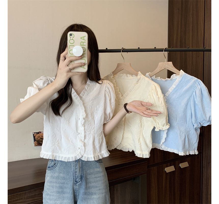 Frill V-Neck Short-Sleeve Jacquard Blouse