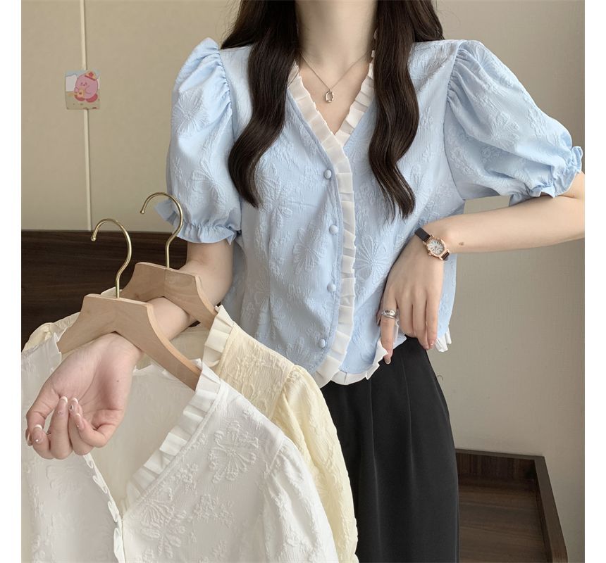Frill V-Neck Short-Sleeve Jacquard Blouse