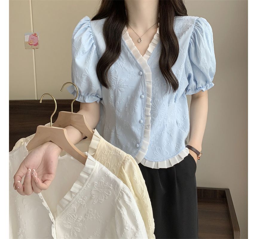 Frill V-Neck Short-Sleeve Jacquard Blouse