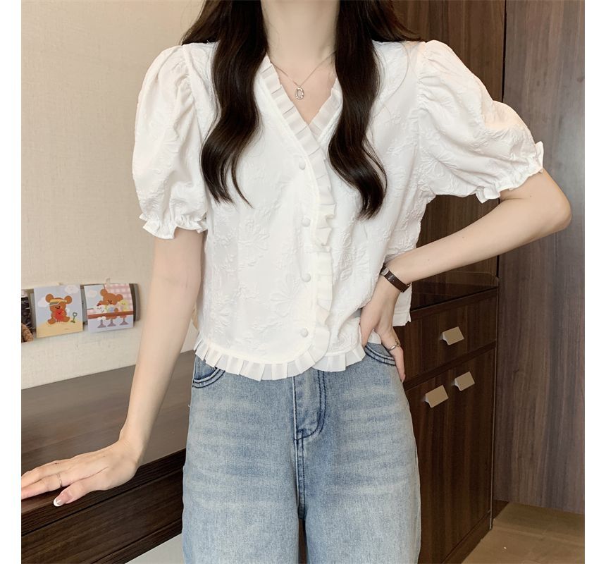 Frill V-Neck Short-Sleeve Jacquard Blouse