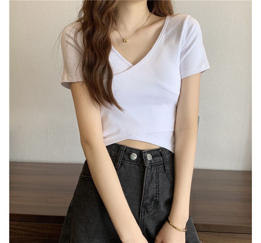 V-Neck Crop T-Shirt Wrap Plain Short-Sleeve