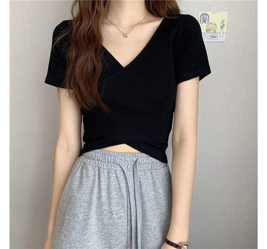 V-Neck Crop T-Shirt Wrap Plain Short-Sleeve