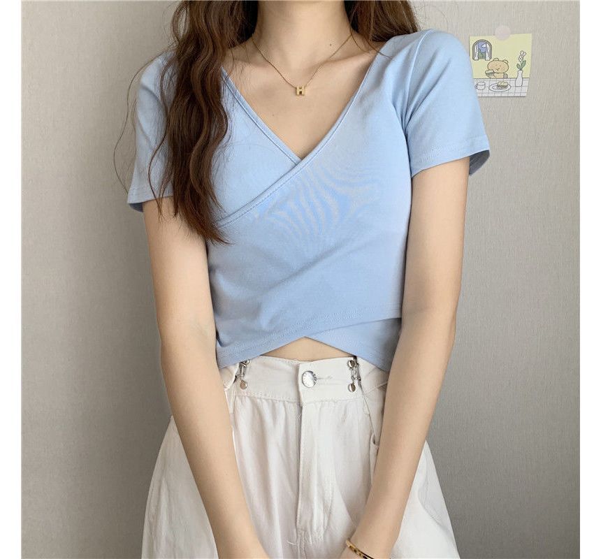 V-Neck Crop T-Shirt Wrap Plain Short-Sleeve