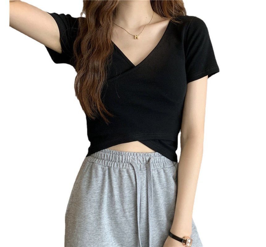 V-Neck Crop T-Shirt Wrap Plain Short-Sleeve