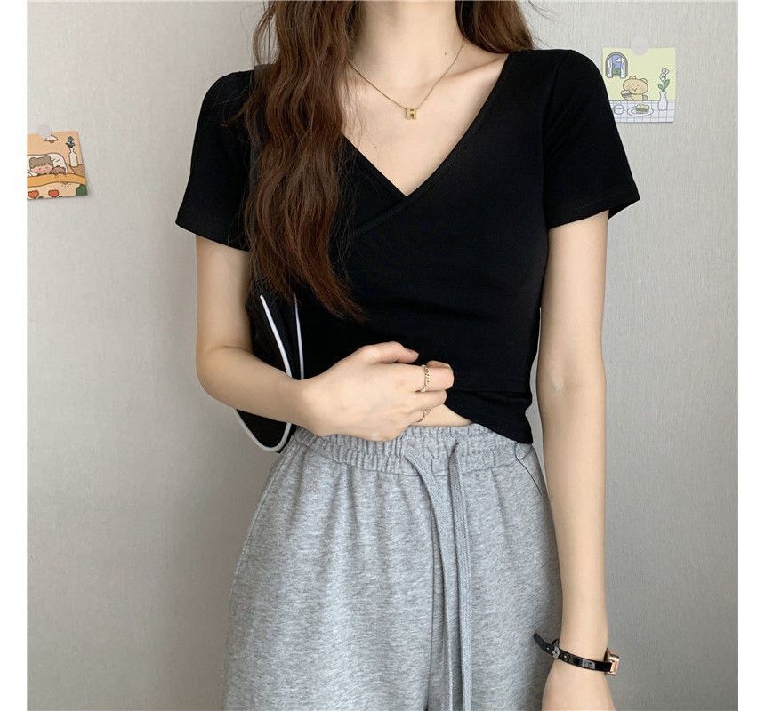 V-Neck Crop T-Shirt Wrap Plain Short-Sleeve