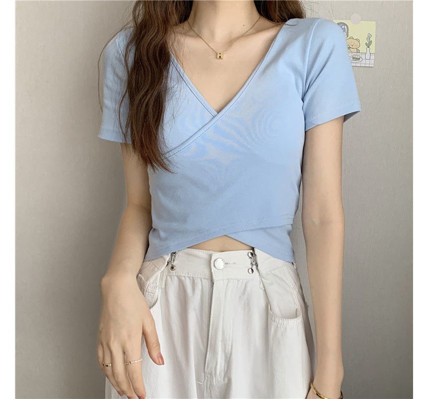 V-Neck Crop T-Shirt Wrap Plain Short-Sleeve
