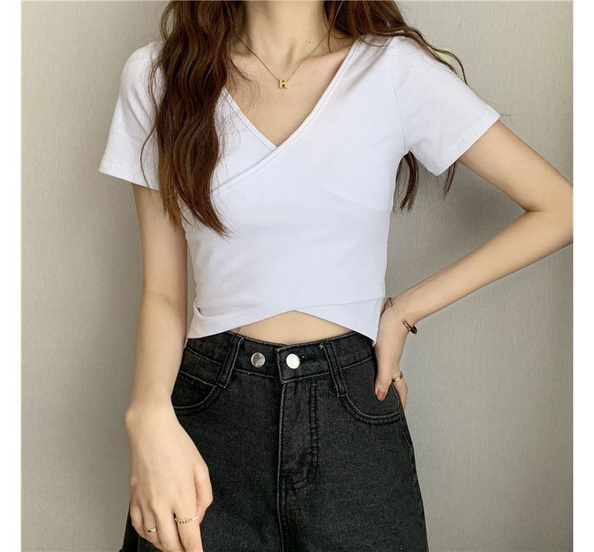 V-Neck Crop T-Shirt Wrap Plain Short-Sleeve