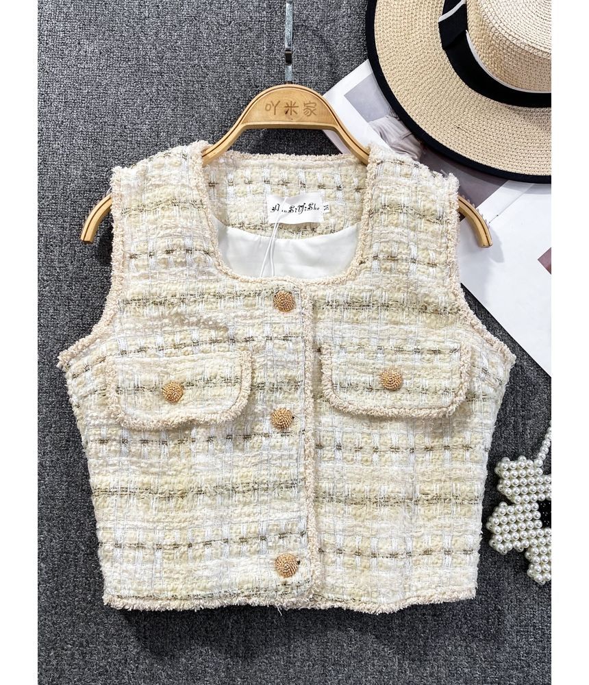 Square Neck Tassel Tweed Vest