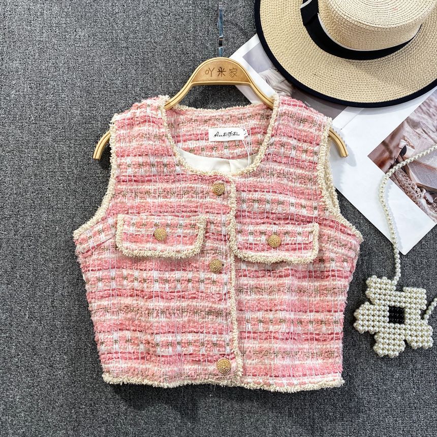 Square Neck Tassel Tweed Vest