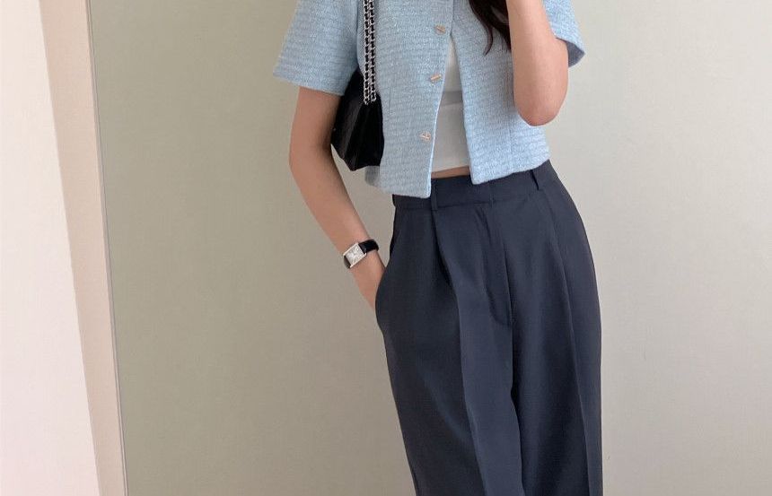 Short Sleeve Round Neck Tweed Blazer