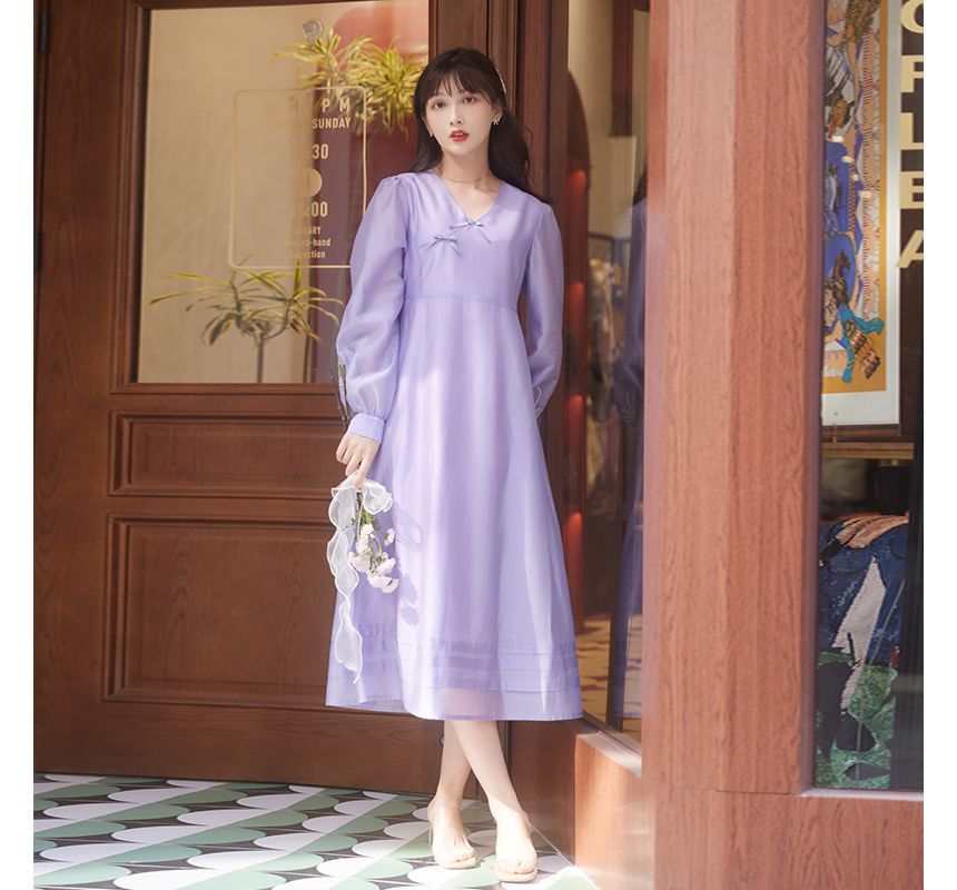 Puff-Sleeve Floral Embroidered Frog Buttoned Ruffled Midi A-Line Dress