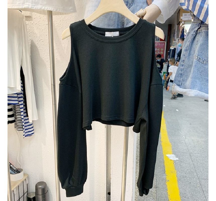Tee Crop Long-Sleeve Plain Cold Shoulder
