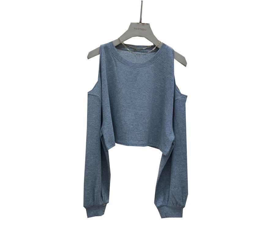 Tee Crop Long-Sleeve Plain Cold Shoulder