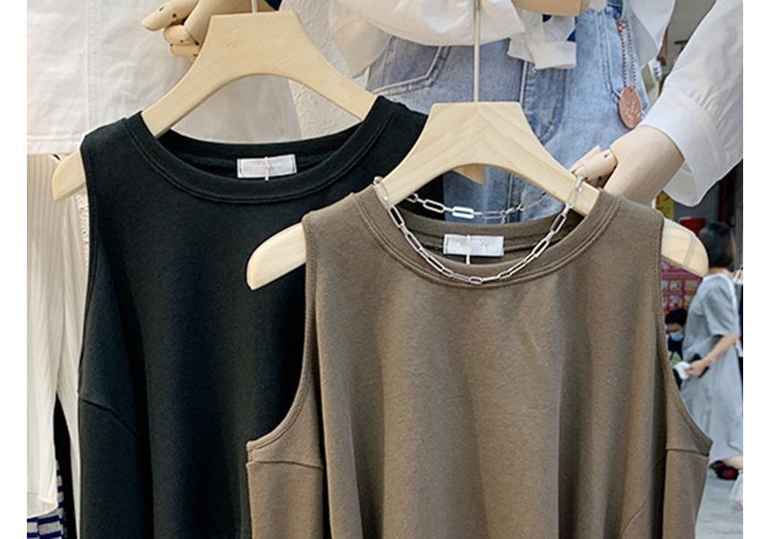 Tee Crop Long-Sleeve Plain Cold Shoulder