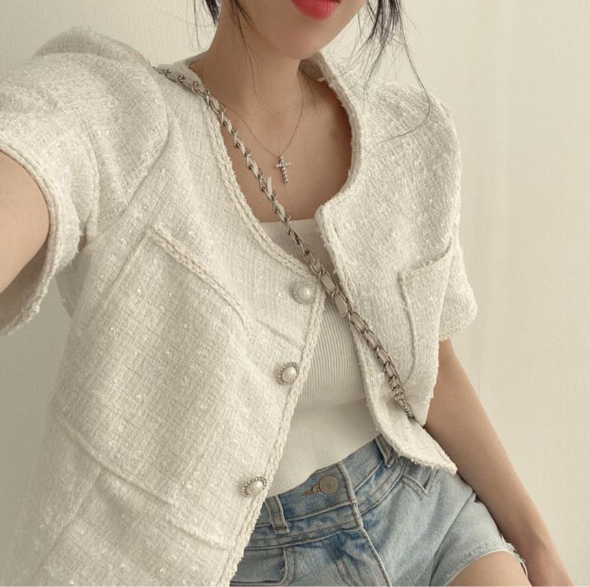 Short Sleeve Faux Pearl Button Tweed Blazer