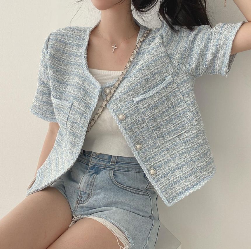 Short Sleeve Faux Pearl Button Tweed Blazer