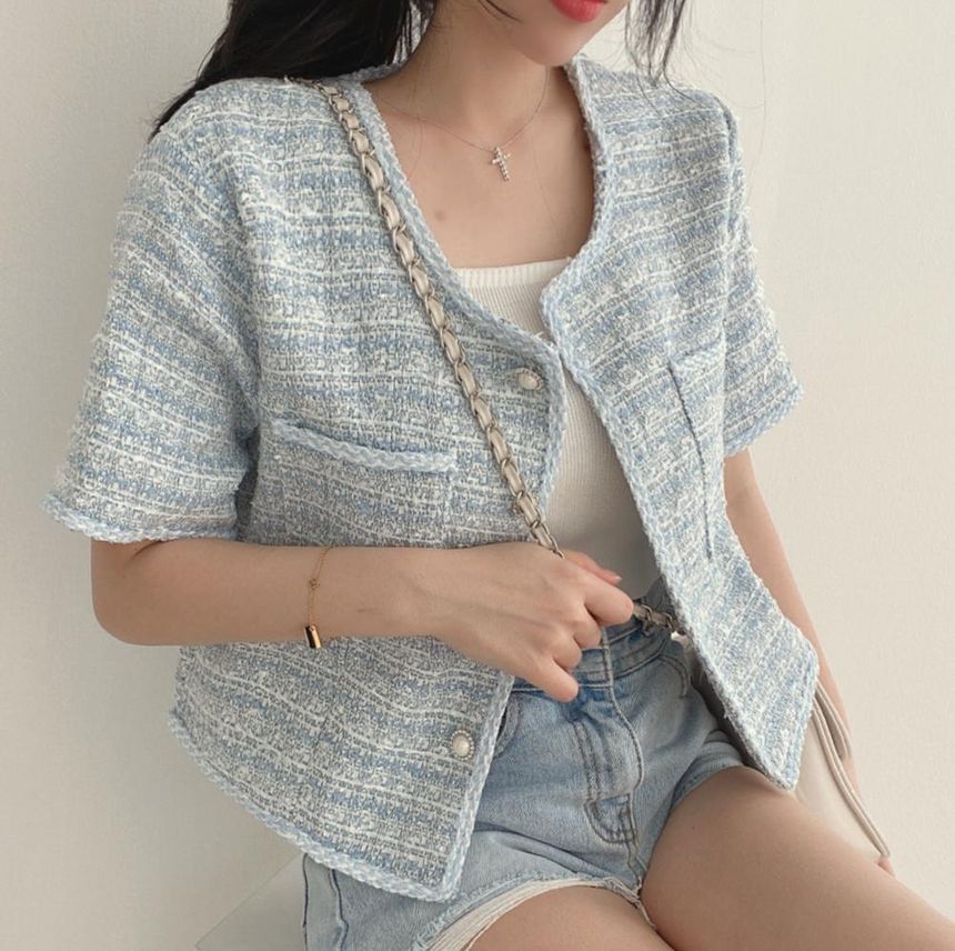 Short Sleeve Faux Pearl Button Tweed Blazer