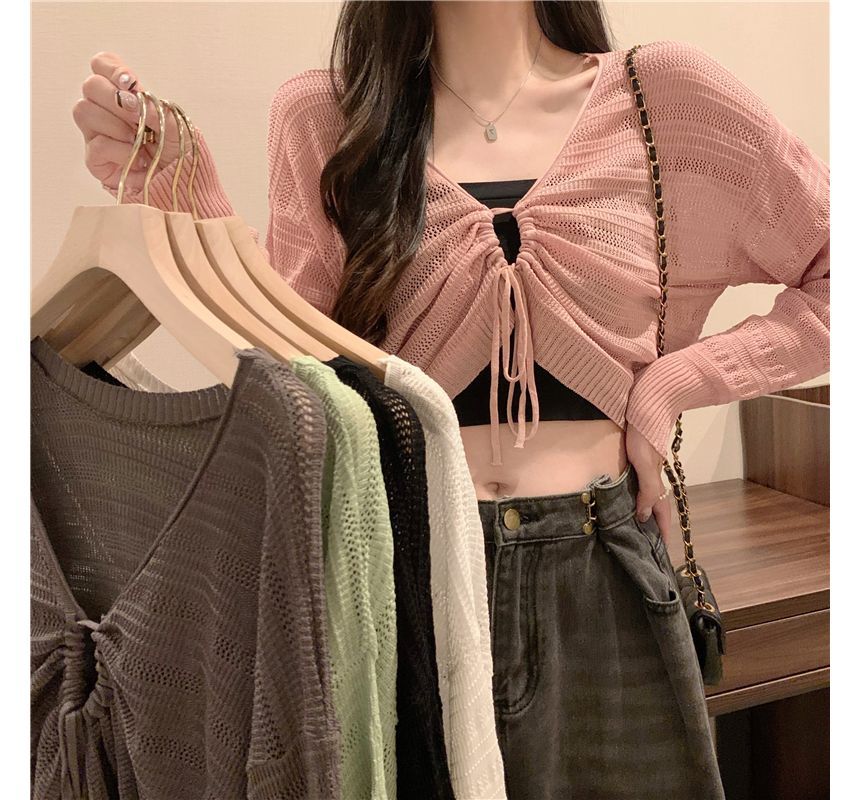 Top Cropped Plain Drawstring V-Neck Knit
