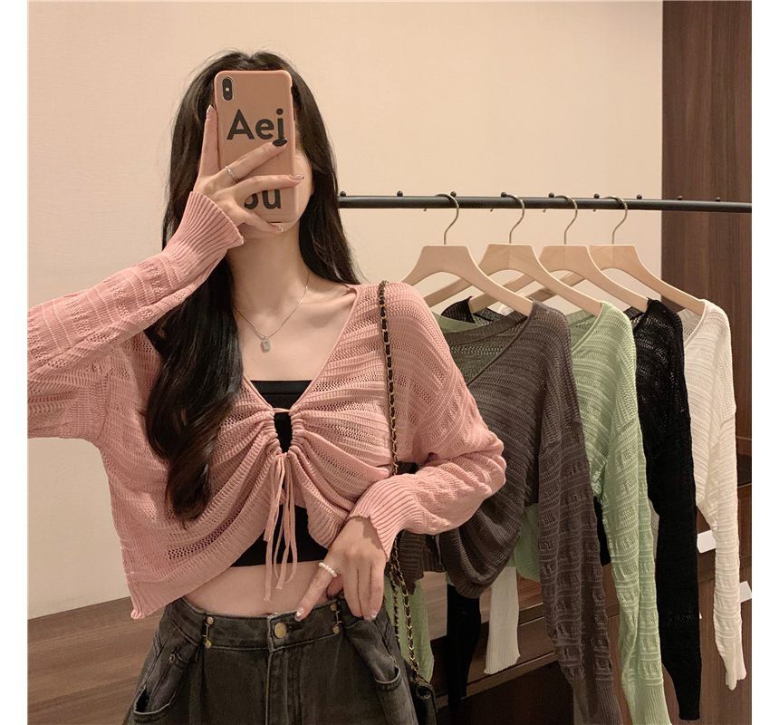 Top Cropped Plain Drawstring V-Neck Knit
