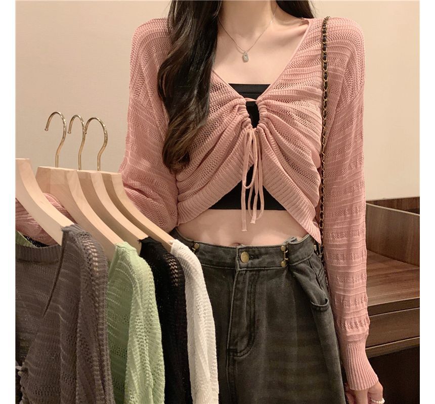 Top Cropped Plain Drawstring V-Neck Knit