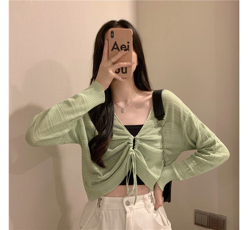 Top Cropped Plain Drawstring V-Neck Knit