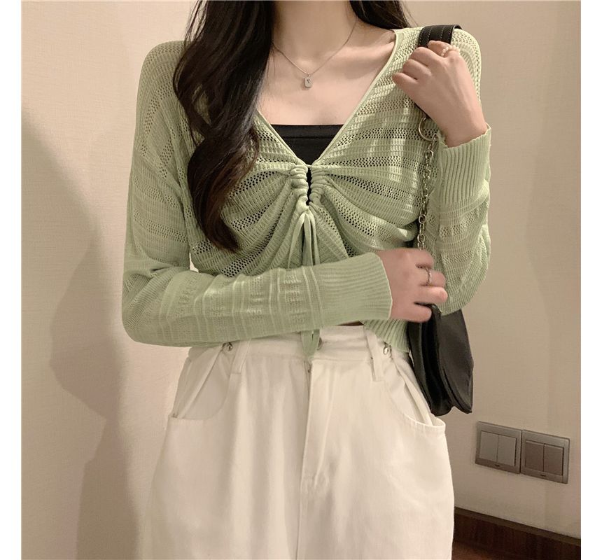 Top Cropped Plain Drawstring V-Neck Knit