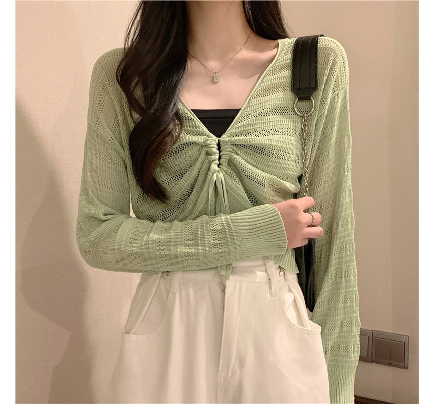Top Cropped Plain Drawstring V-Neck Knit