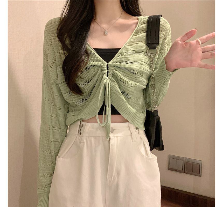 Top Cropped Plain Drawstring V-Neck Knit