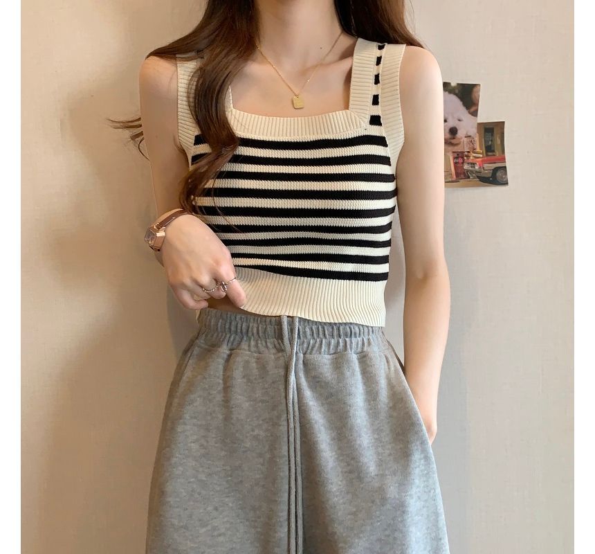 Striped Neck Top Square Crop Tank
