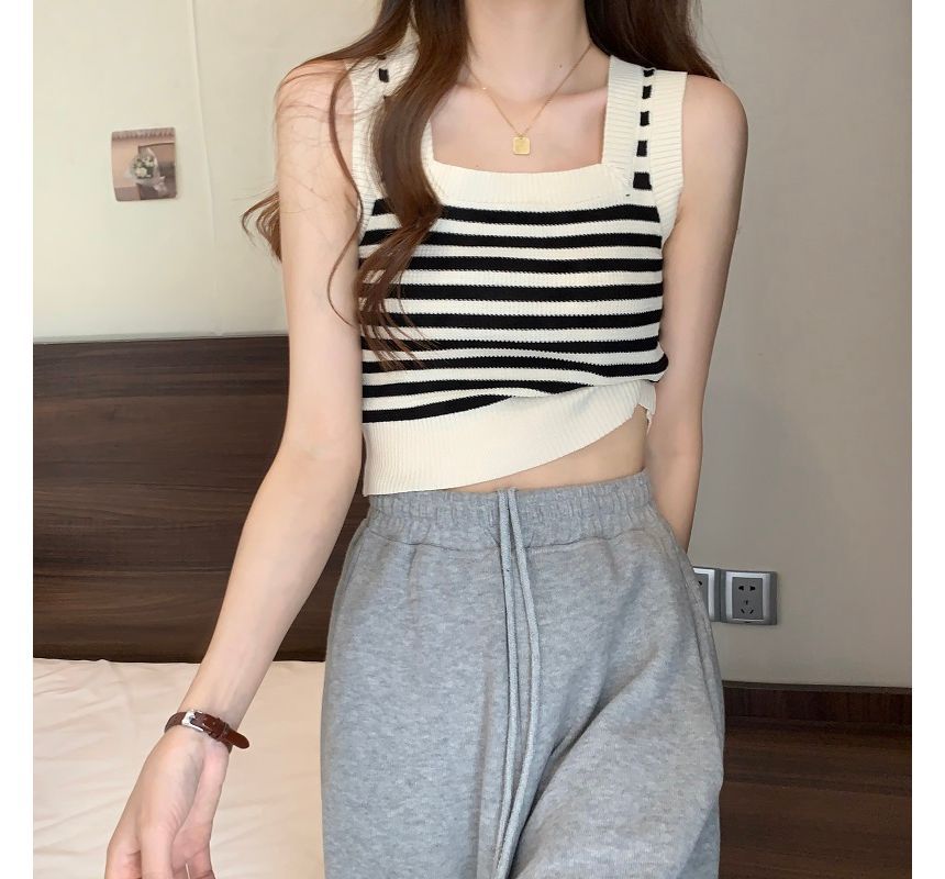 Striped Neck Top Square Crop Tank