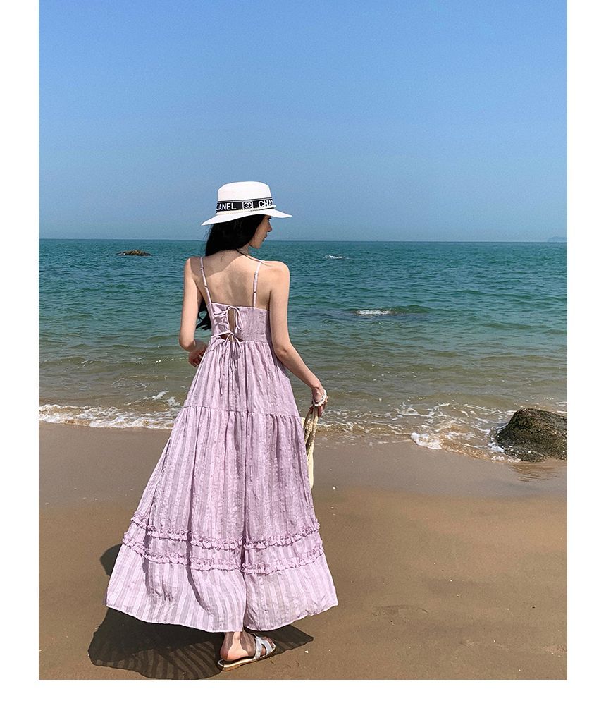 Spaghetti Strap V-Neck Lace Maxi A-Line Dress