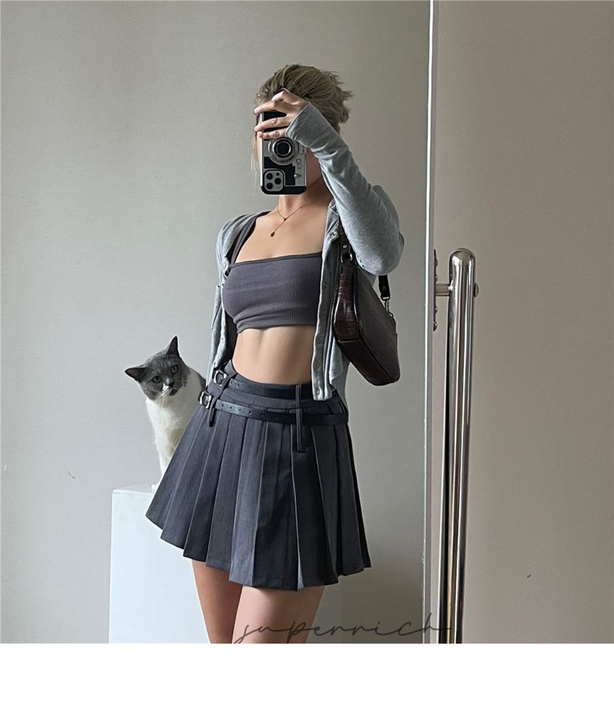 Rise Plain Pleated Mini Skirt High