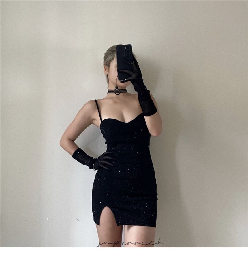 Mini Spaghetti Gloves Rhinestone Long + Neckline Sweetheart Strap Dress Bodycon Set: