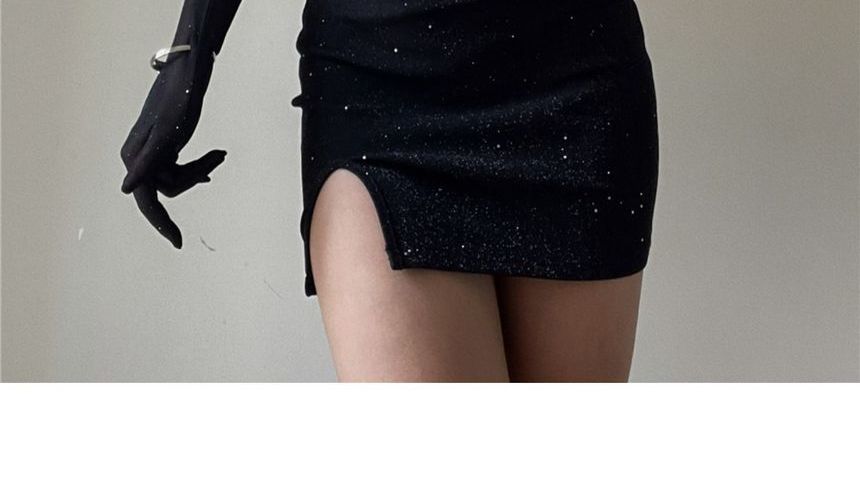 Mini Spaghetti Gloves Rhinestone Long + Neckline Sweetheart Strap Dress Bodycon Set: