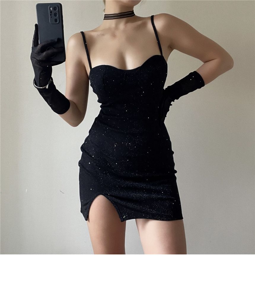 Mini Spaghetti Gloves Rhinestone Long + Neckline Sweetheart Strap Dress Bodycon Set: