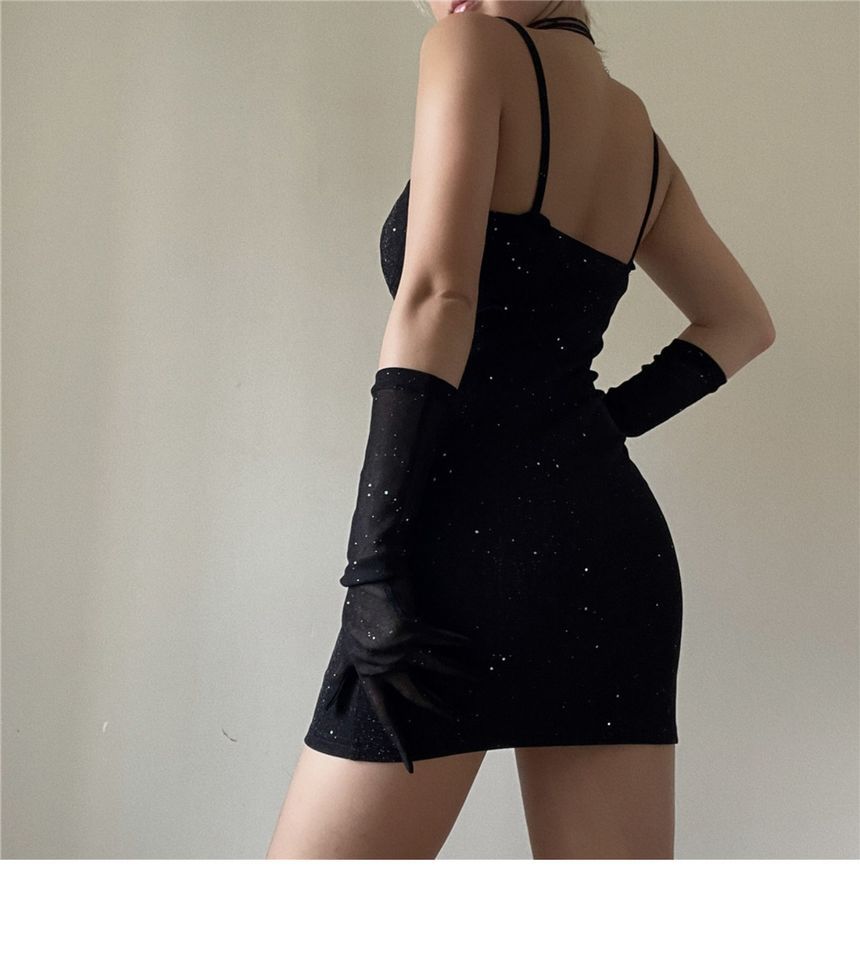 Mini Spaghetti Gloves Rhinestone Long + Neckline Sweetheart Strap Dress Bodycon Set: