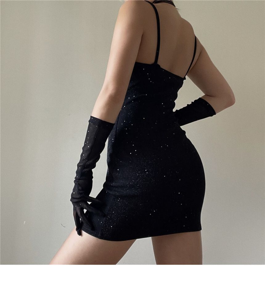 Mini Spaghetti Gloves Rhinestone Long + Neckline Sweetheart Strap Dress Bodycon Set: