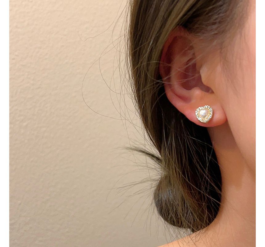 / Pearl Rhinestone Stud Faux Earring Clip-On Heart