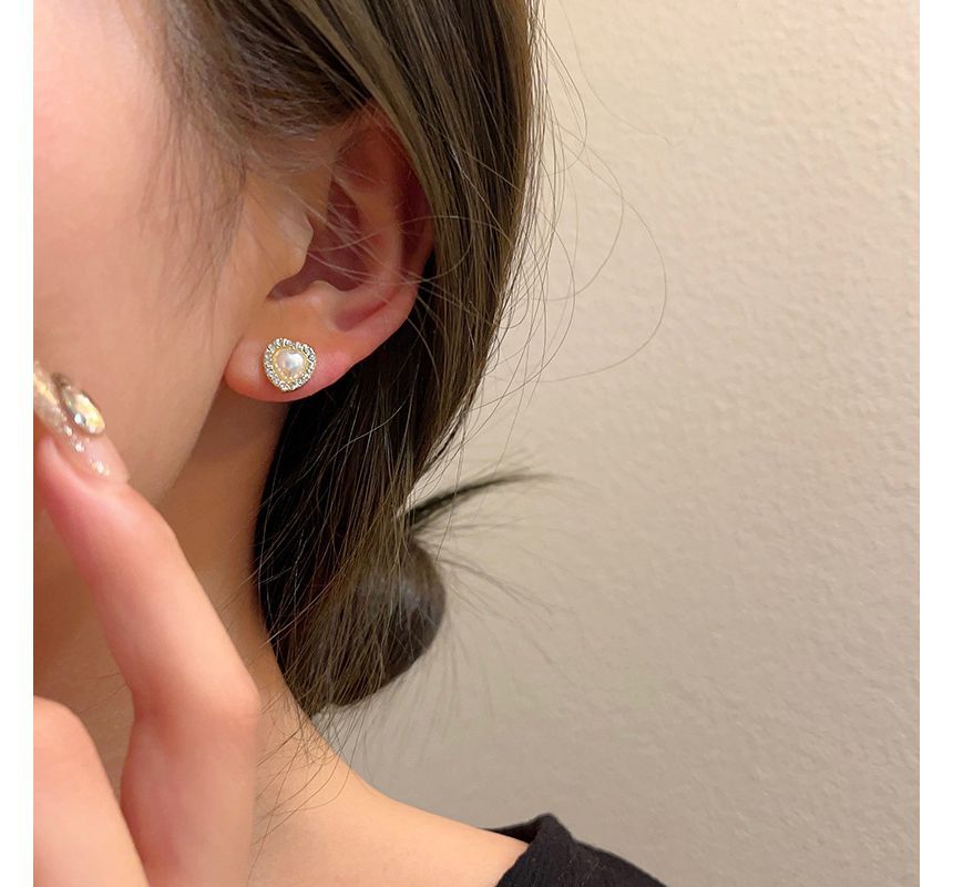 / Pearl Rhinestone Stud Faux Earring Clip-On Heart